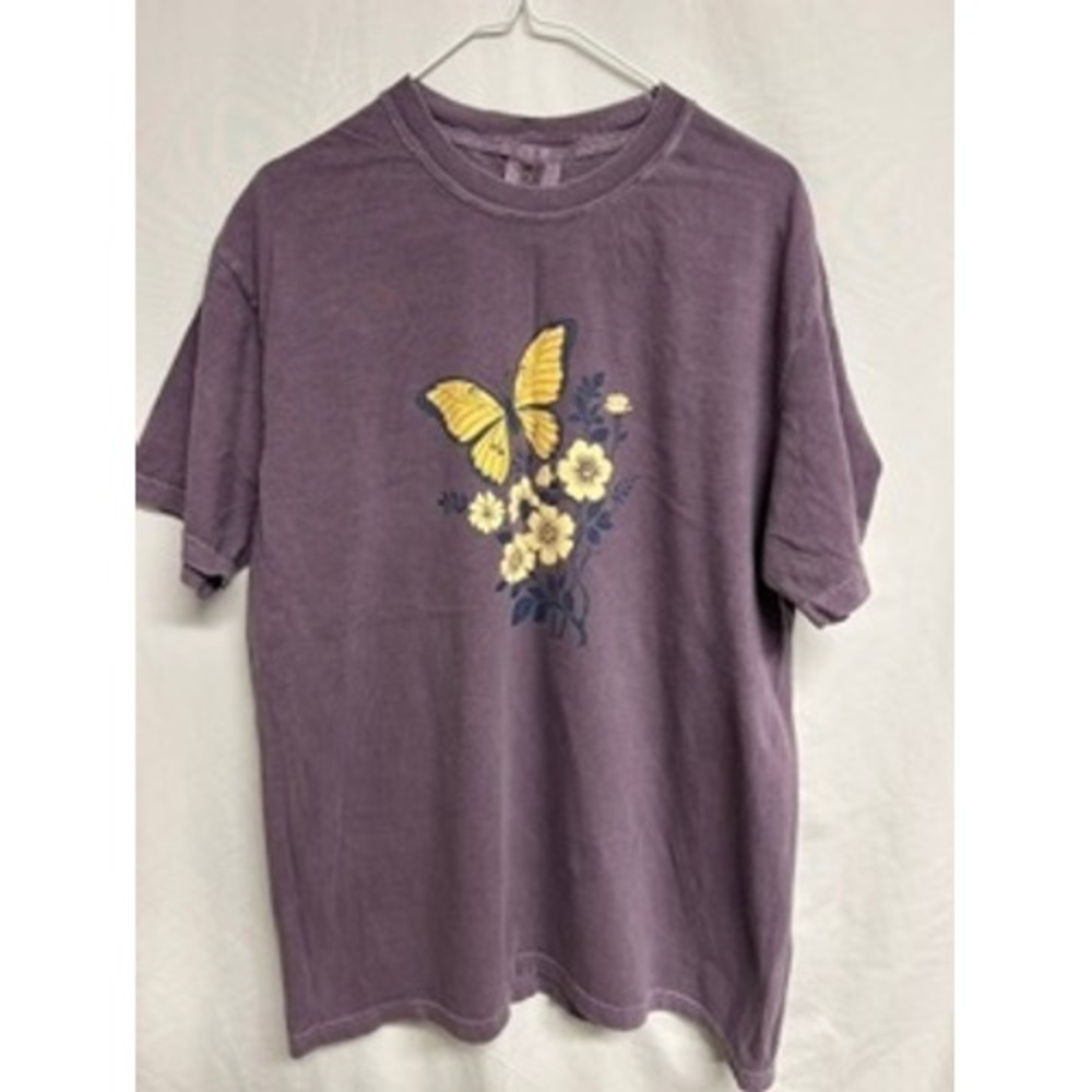 Comfort Colors Butterfly Floral Graphic T-Shirt Purple Garment Dye Large Cotton